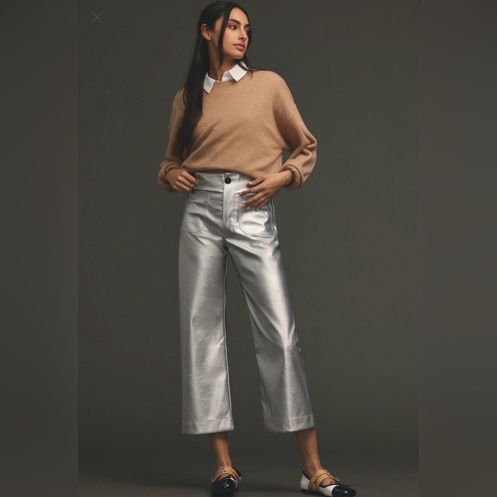 Anthropologie Maeve Colette Silver Metallic Women's Vegan Leather Pants 16W